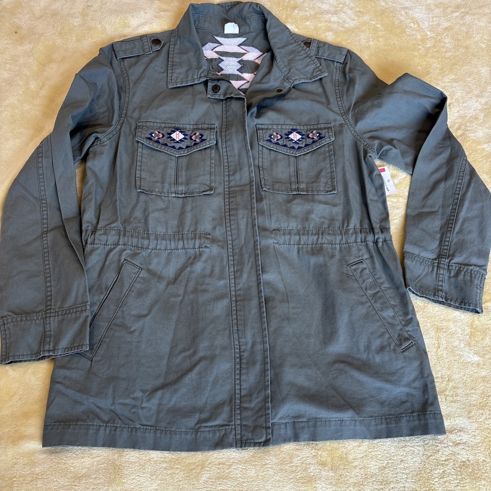 Wild Pearl Nordstrom Green Canvas Jacket Embroidered Aztec Geometric Print SZ SM